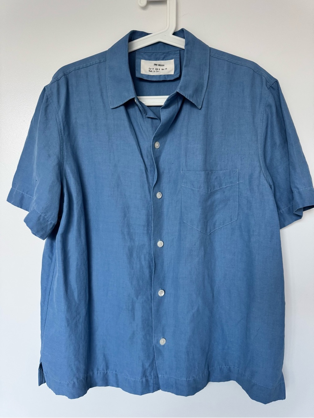 Zara Origins Men Silk Linen Blue Short-Sleeve Button-Down Shirt